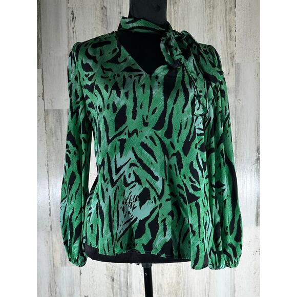 Rixo Silk Blouse Size Medium Moss Green Animal Print Neck Tie Secretary Bow - Picture 1 of 9